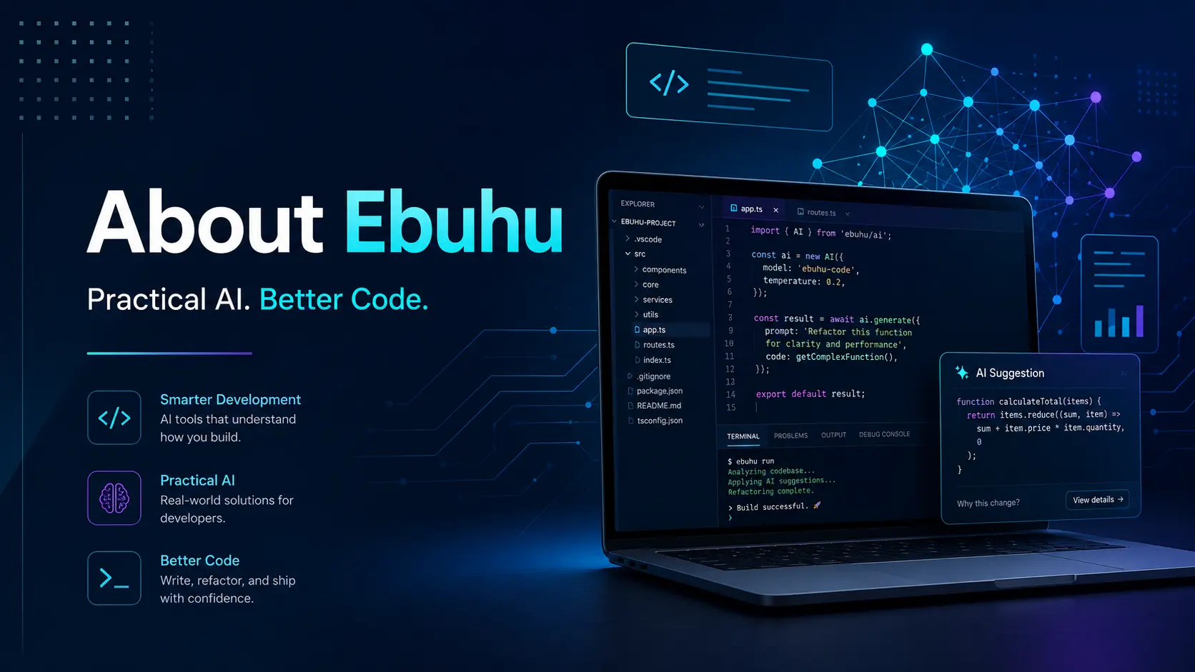 About Ebuhu featured image showing AI-powered coding tools, a code editor, and developer workflow visuals
