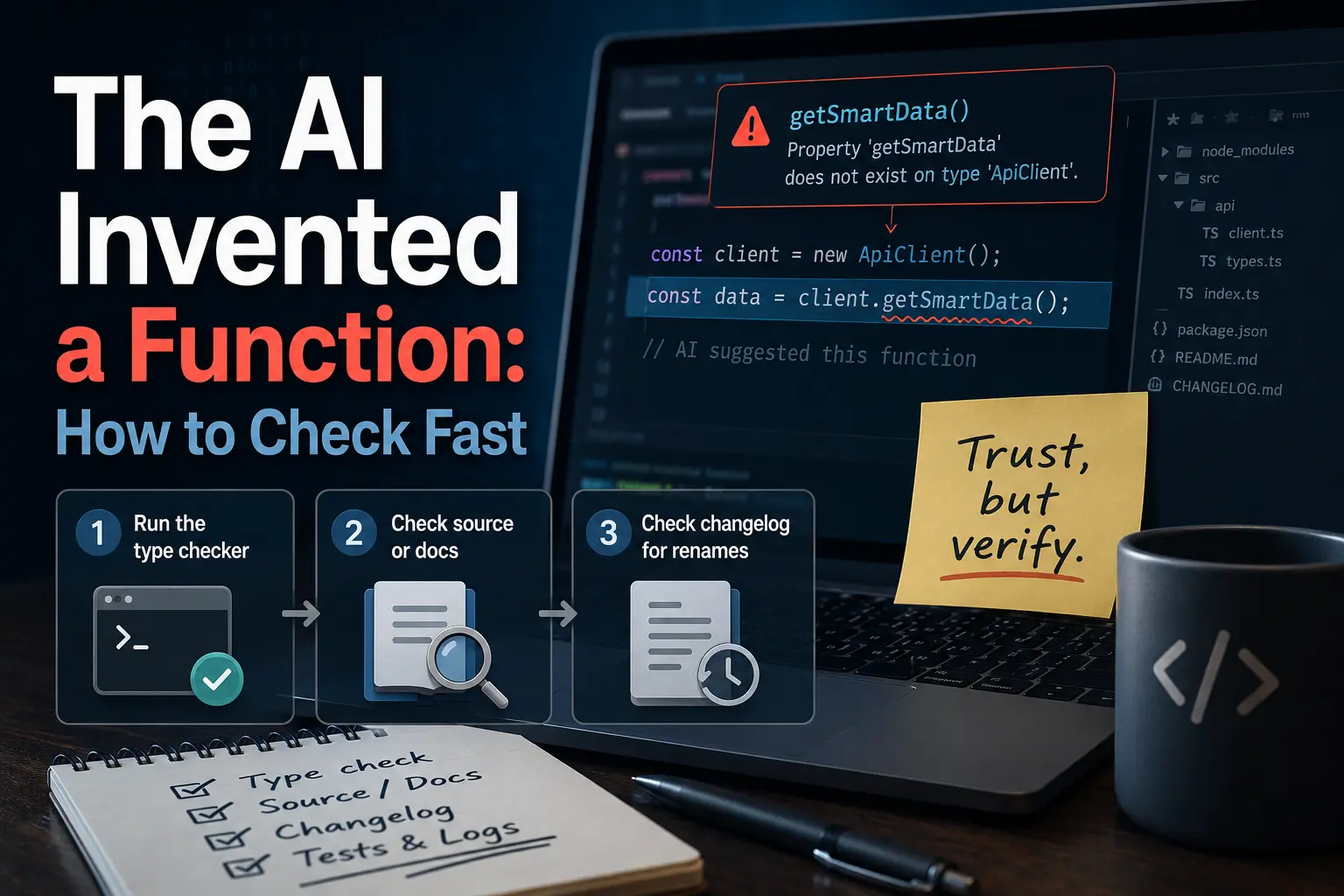 Illustration of a developer checking an AI-invented function call with a type checker, documentation, and changelog