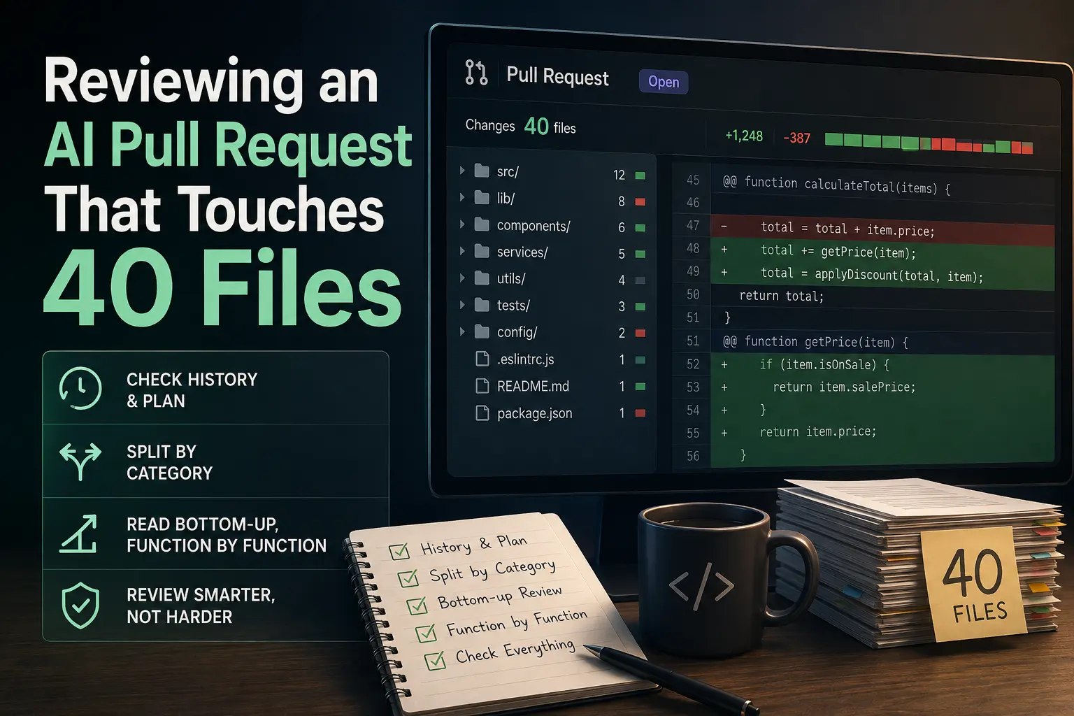 Large AI-generated pull request review showing code changes across 40 files and a structured review checklist