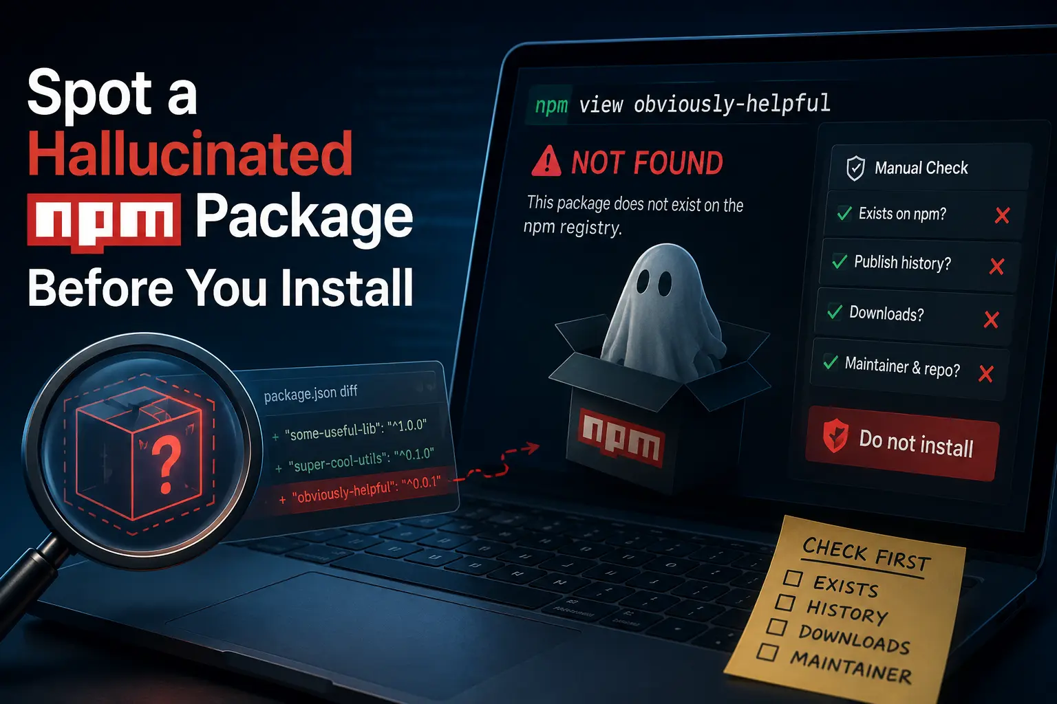 Illustration of a developer checking a suspicious npm package on a laptop before install, highlighting AI-generated package hallucination and npm security risks.