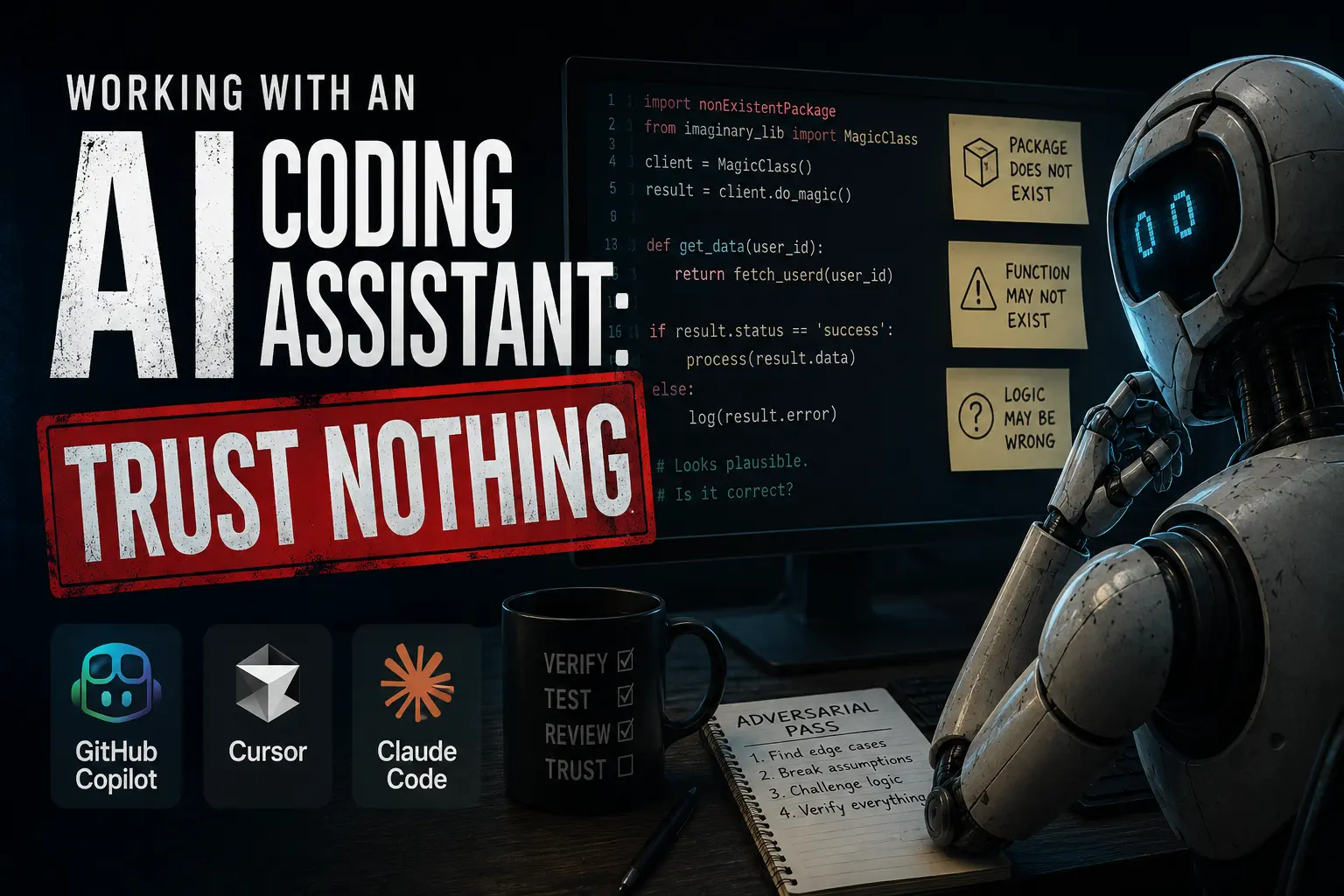 AI coding assistant featured image showing a robot reviewing code with the message trust nothing and verify AI-generated suggestions before using them