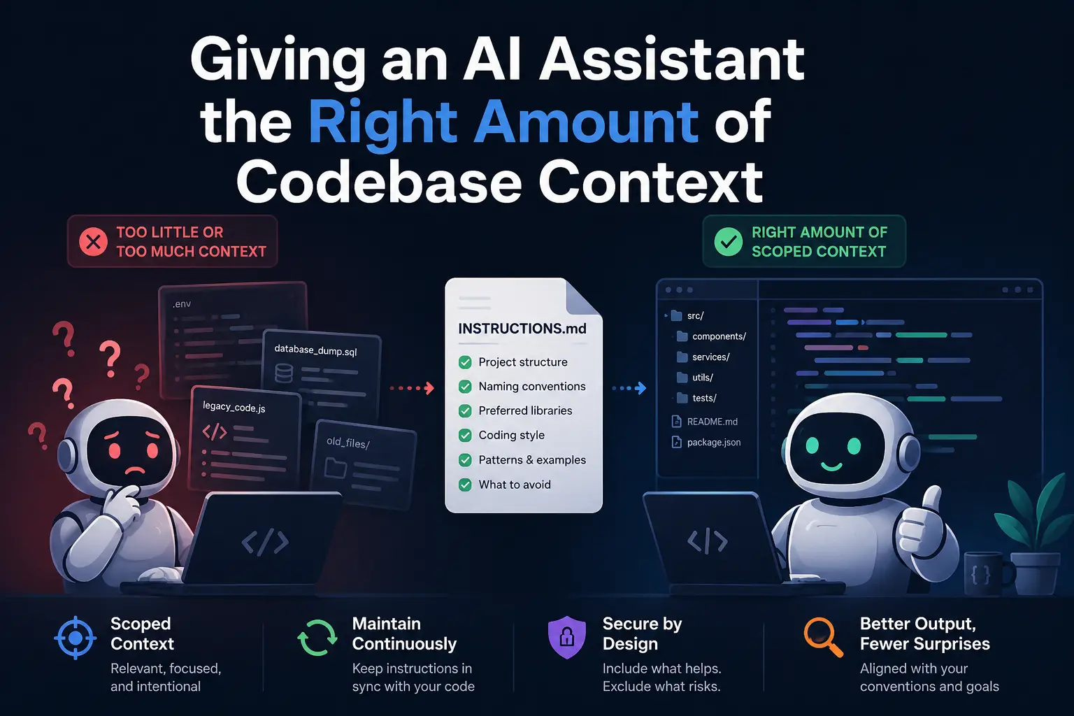 AI coding assistant comparing excessive codebase data with focused project instructions and scoped context