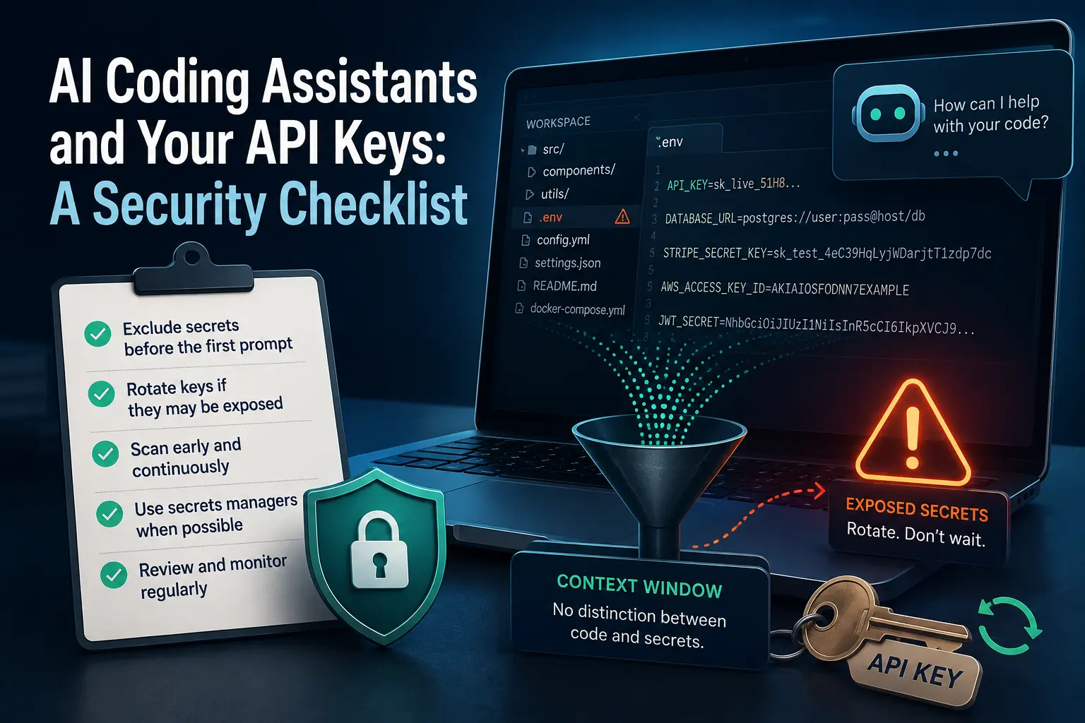 AI coding assistant API key security checklist showing exposed secrets, context access, key rotation, and secret scanning