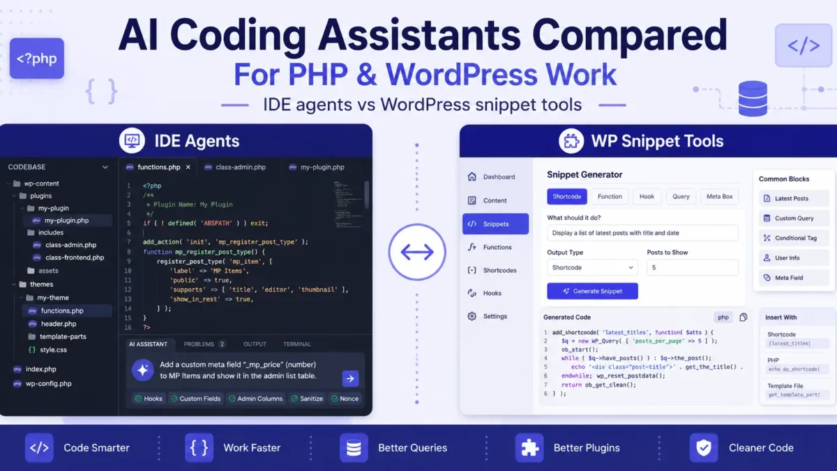 AI coding assistants compared for PHP and WordPress development, showing IDE agents and WordPress snippet tools