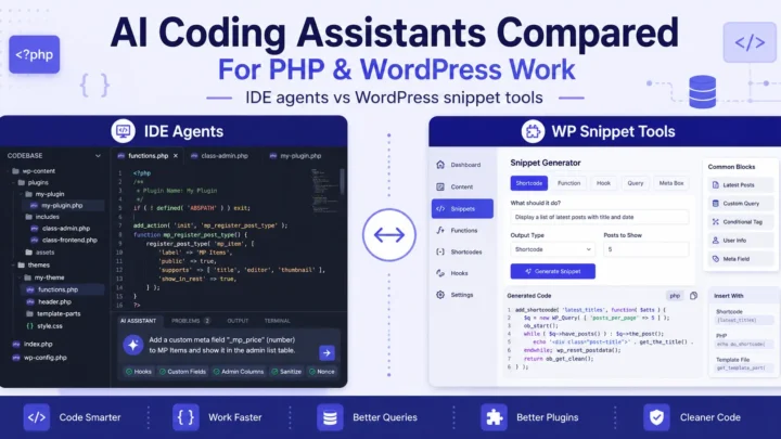 AI coding assistants compared for PHP and WordPress development, showing IDE agents and WordPress snippet tools