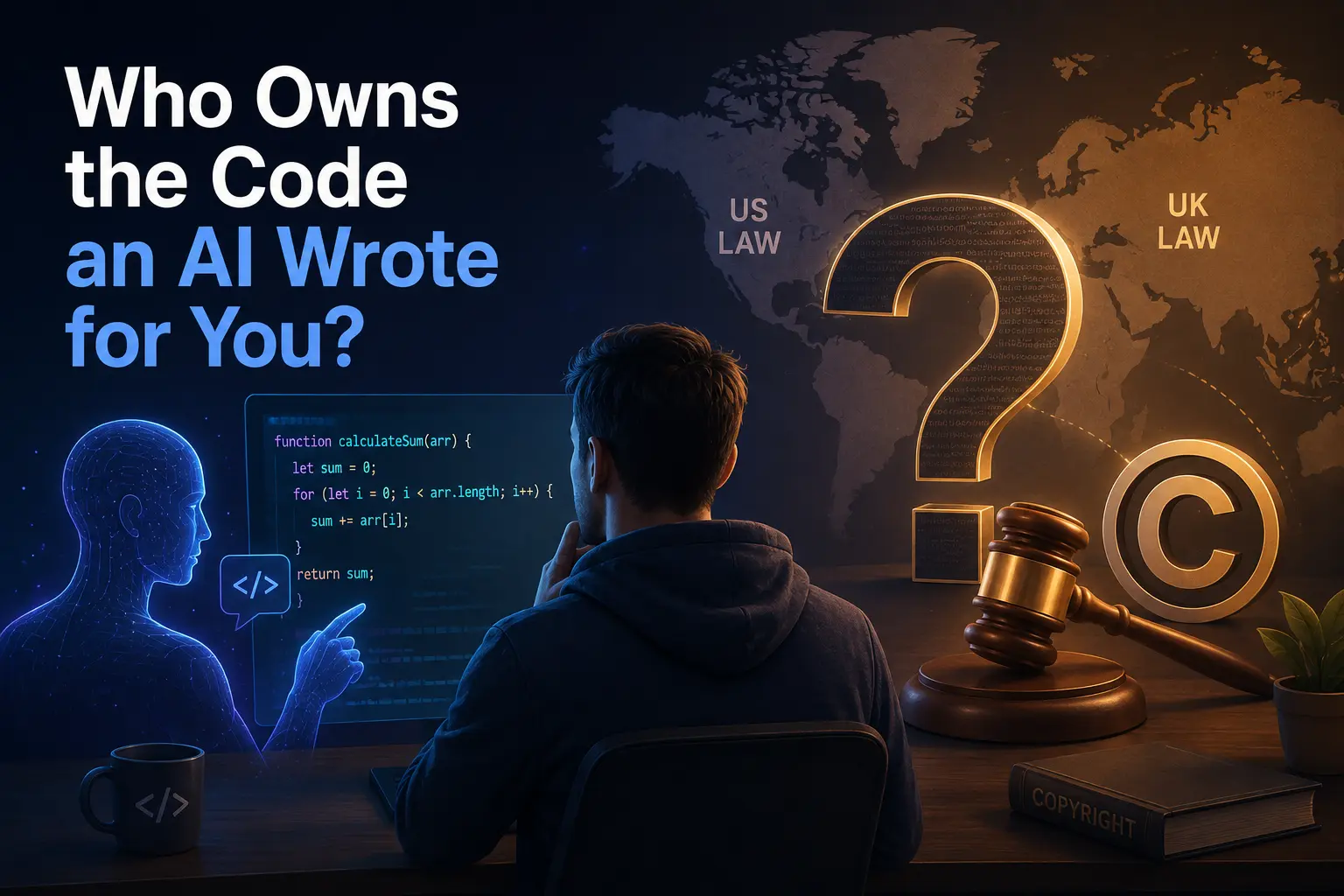 Developer reviewing AI-generated code alongside copyright and legal symbols representing code ownership questions.