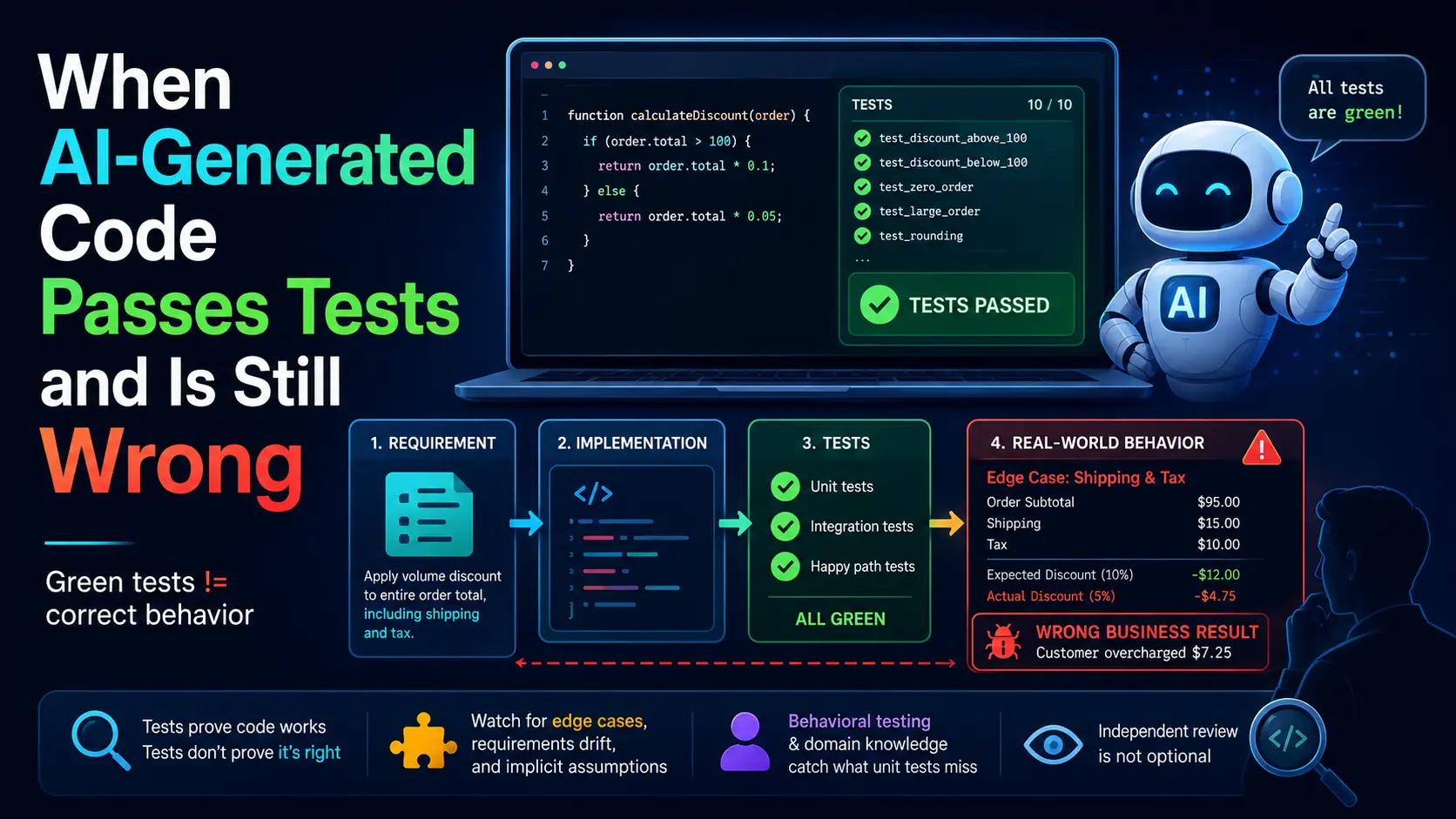 AI-generated code passing all automated tests while producing an incorrect real-world business result