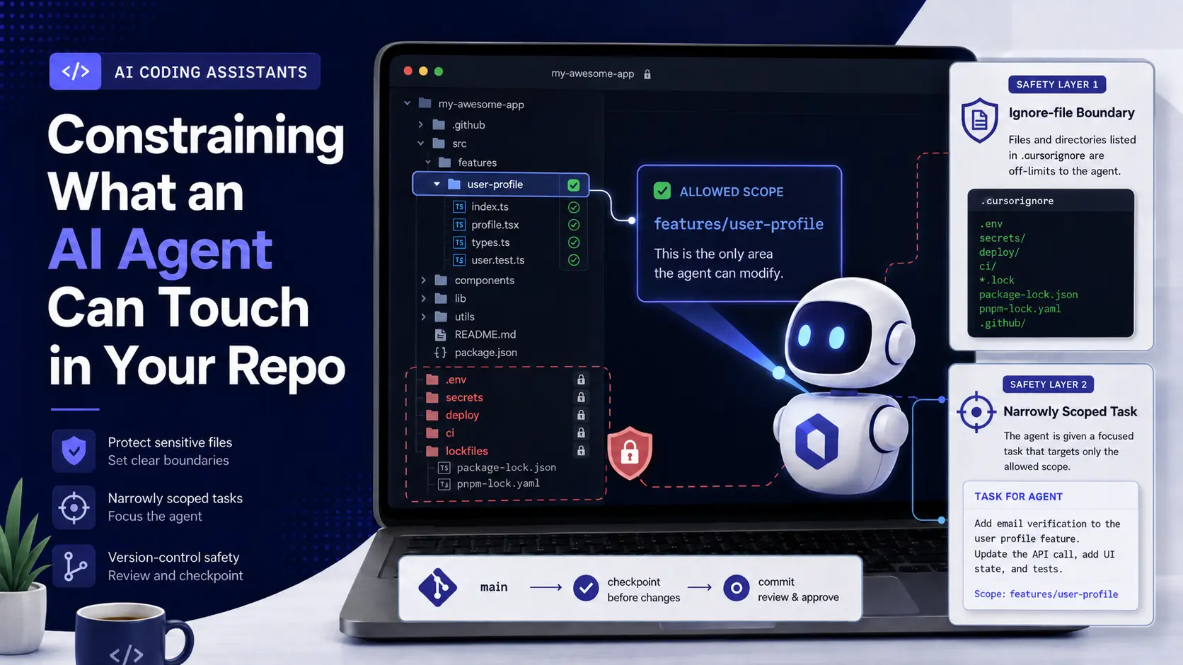 AI coding agent restricted to an allowed repository scope while sensitive files remain protected