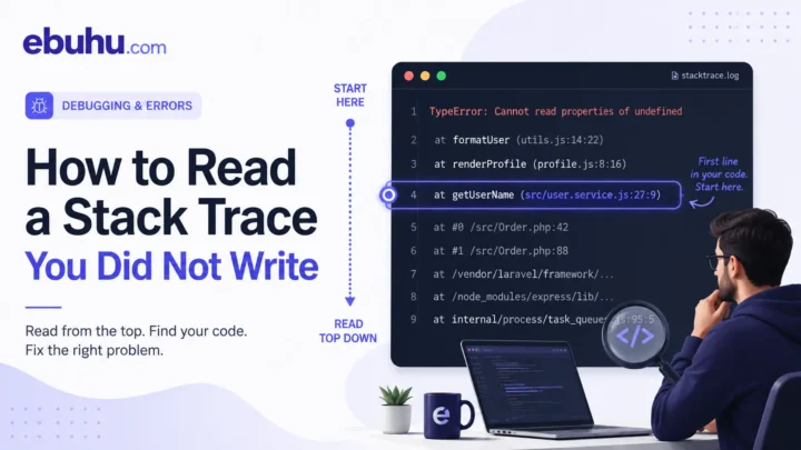 Developer examining a stack trace with the first relevant line in the application code highlighted.