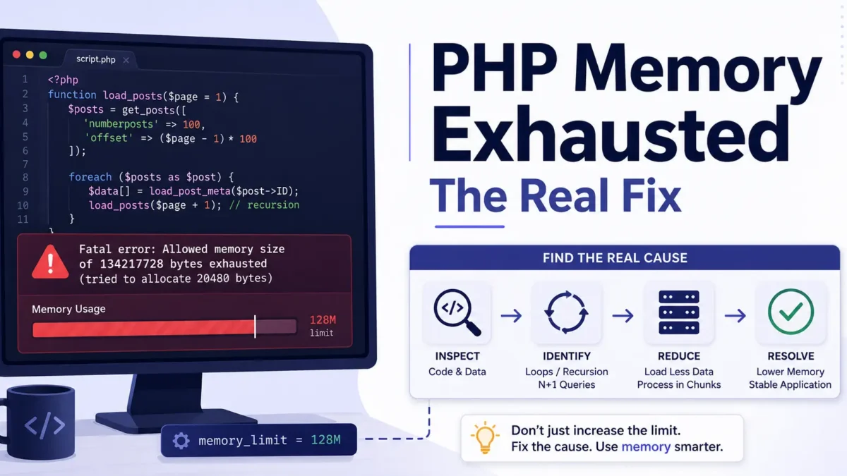 PHP memory exhausted error with debugging steps for finding loops, recursion, and excessive data loading.