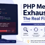 PHP memory exhausted error with debugging steps for finding loops, recursion, and excessive data loading.