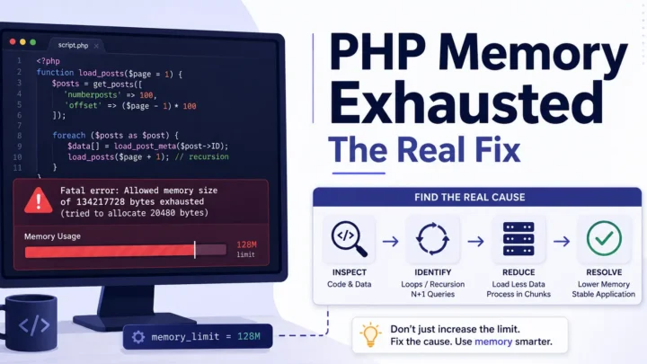 PHP memory exhausted error with debugging steps for finding loops, recursion, and excessive data loading.
