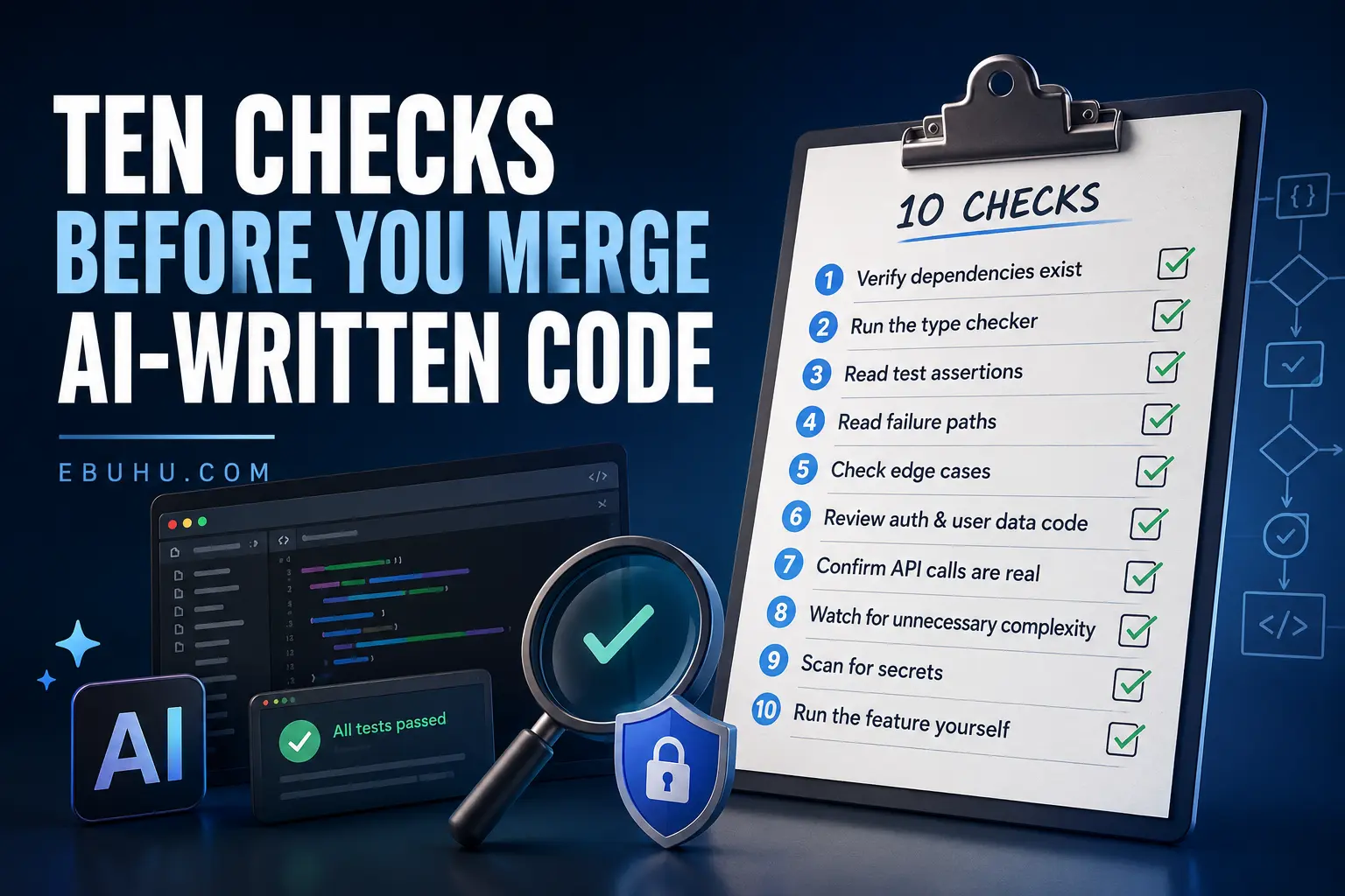 Checklist illustration for reviewing AI-written code before merge, showing ten code review checks including dependencies, tests, edge cases, API calls, secrets, and manual testing.
