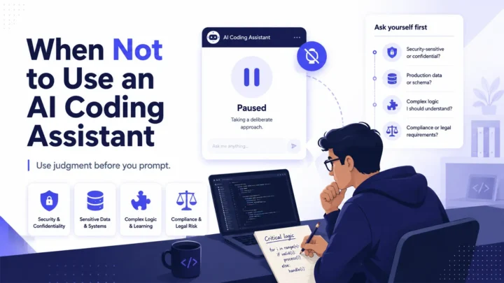 Developer pauses an AI coding assistant while reviewing security, production data, complex logic, and compliance risks.